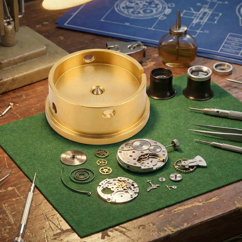Watch Movement Holder With Durable Aluminum Alloy Base Repair Stand next to watch components and tools on a green mat