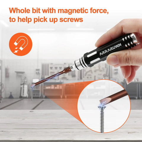 12-In-1 RC Screwdriver Set Dope Tool Kit With S2 Steel Bits For RC Cars Drones Planes Helicopters Quadcopters Boats FPV And Home Appliance Repairs showing magnetic tip picking up a screw, ergonomic slip-resistant handle in use.