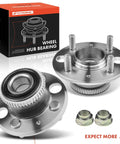 Front view of Rear Wheel Bearing And Hub Assembly Set With ABS Ring For Honda Civic 1992 2000 Civic Del Sol 1993 1997 Acura Integra 1990 2001 4 Lug Rear Disc FWD Only Two Pack Ready To Install with packaging.