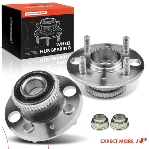 Front view of Rear Wheel Bearing And Hub Assembly Set With ABS Ring For Honda Civic 1992 2000 Civic Del Sol 1993 1997 Acura Integra 1990 2001 4 Lug Rear Disc FWD Only Two Pack Ready To Install with packaging.