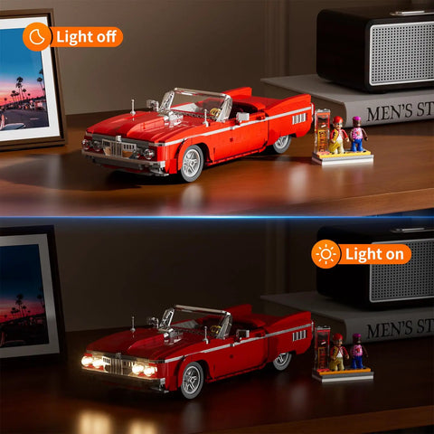 Low Rider Big Red Car Building Bricks Set With Street Fusion Vehicle Engineering And Lighting Model on display with lights on