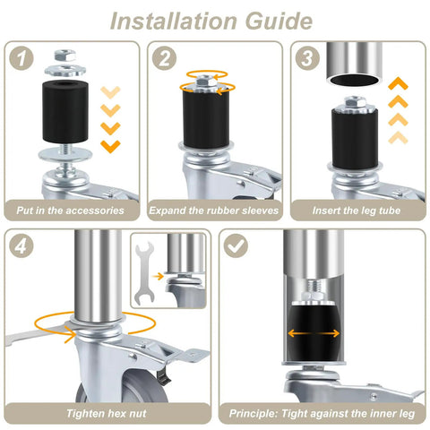 Installation guide for Heavy Duty Prep Table Rollers Set Three Inch Expanding Stem Casters With Brakes for easy mounting.