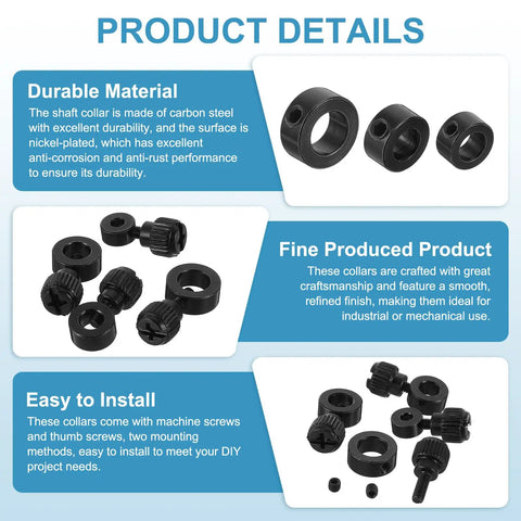 12 Piece Set Screw Shaft Collar Kit With 5.05mm Bore, 10mm OD, 5mm Height, Includes 12 M3 Screws, Black Nickel Plated Carbon Steel Wheel Collar, Landing Gear Stopper, Perfect For CNC, Robotics Gearheads, DIY Projects; black shaft collars with screws