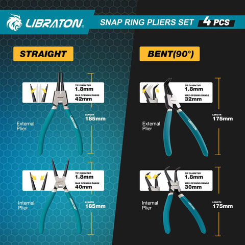 Pro Grade 7 Inch Snap Ring Pliers Set For Internal And External Circlips With Straight And 90 Degree Bent Jaw Tips