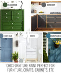 Image showing various furniture pieces painted in different colors using Easy DIY Acrylic Wood Paint For Furniture Ivory White 32 Oz Semi Gloss Water Based Finish Non Toxic Odorless Eco Friendly Wood Surface Renovation Great For Furniture Makeovers.