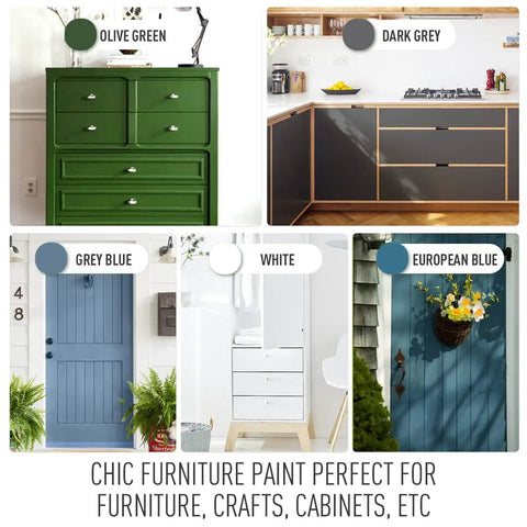 Image showing various furniture pieces painted in different colors using Easy DIY Acrylic Wood Paint For Furniture Ivory White 32 Oz Semi Gloss Water Based Finish Non Toxic Odorless Eco Friendly Wood Surface Renovation Great For Furniture Makeovers.