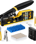 All In One Ethernet Crimp Tool Kit With Pass Through RJ45 Crimpers, Cable Tester, Wire Cutters And Pliers, Network Cable Stripper, Mini Cable Stripper, 50 Cat5e Cat6 Pass Through Connectors And Strain Relief Boots displayed