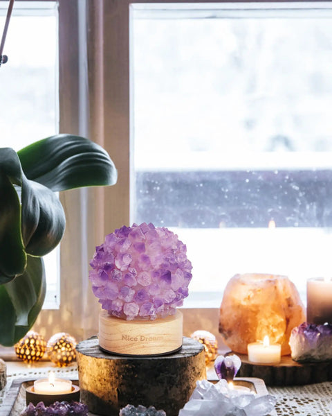 Mini Crystal Table Lamp With Warm Soft LED Light For Home Decor Eye Friendly Night Light Chic Natural Crystal Accent To Create A Cozy Artsy Vibe In Any Room, amethyst on wooden base.