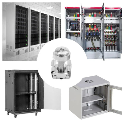 Heavy Duty M5 Cage Nuts And 20 Millimeter Rack Screws With Washers For Server Cabinet Builds; zinc plated steel fasteners in use.