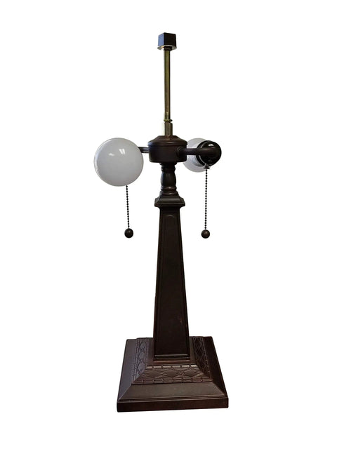 Stained Glass Table Lamp With Floral Pattern, 22 Inch Tall Banker Mission Design base with pull chains, vintage antique look.