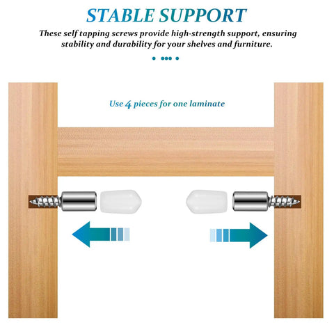 Illustration of 50 Pack Self Tapping Shelf Pegs with Protective Caps used in wooden shelves for stable support.