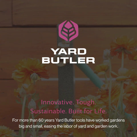 Garden Hose Bib Extender With Elevated Stand For Easy Water Access, rust resistant steel background with flowers and logo