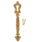 Cast Brass Decorative Pull Handle With Keyhole Insert And Escutcheon Plate For Cabinet Doors And Dresser Drawers, shown with pins.