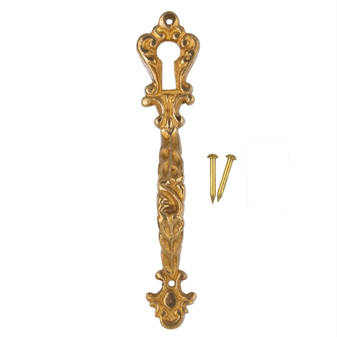 Cast Brass Decorative Pull Handle With Keyhole Insert And Escutcheon Plate For Cabinet Doors And Dresser Drawers, shown with pins.