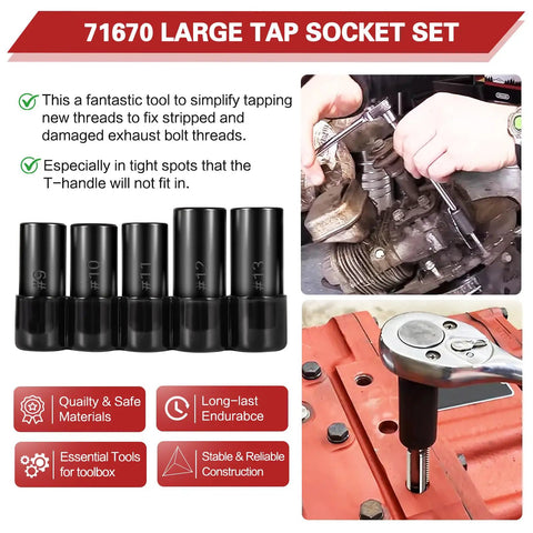 Five Piece Heavy Duty Tap Socket Set Fits 5/8 To 1 Inch Taps, 1/2 Inch Drive Adapter in use for large taps and die sets on machinery