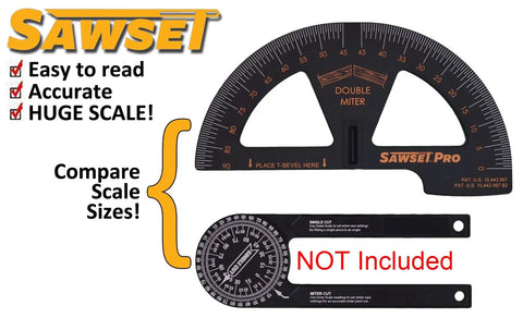 No Math No Guesswork Miter Saw Protractor With Large Scales For Quick Accurate Crown And Miter Cuts showing Sawset Pro tool