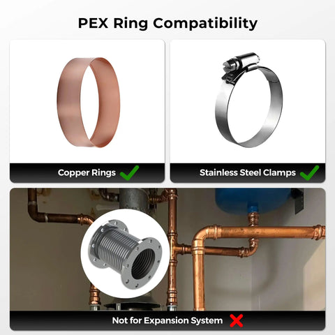 Copper rings and stainless steel clamps for PEX compatibility, not suitable for expansion system installation.
