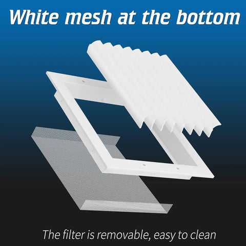 8x8 Aluminum Gable Vent with removable white mesh screen and louvered design for attics, sheds, and exterior doors, white finish