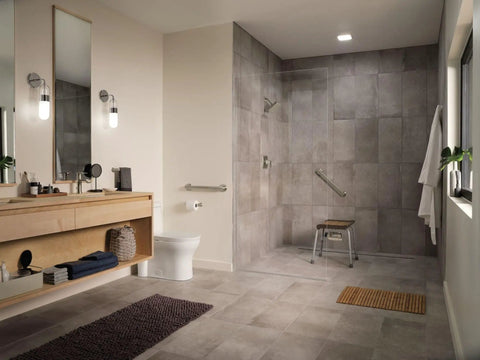 Genta Brushed Nickel 18 Inch Bathroom Grab Bar ADA Compliant with Non Slip Grip Pad in a modern bathroom setting