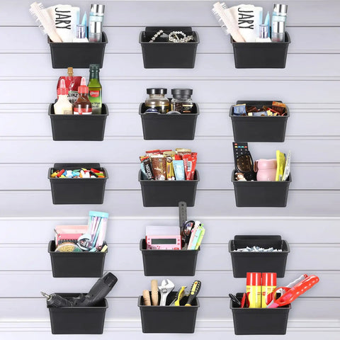 15 Piece Slatwall Bins Set For Garage And Workshop Storage, Heavy Duty Plastic Slatwall Organizer Stacking Bins full of various items