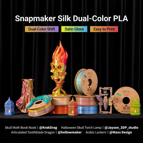 Premium Silk PLA 3D Printer Filament 1.75Mm 2.2 Pound Spool displayed with decorative objects and dual-color designs.
