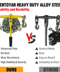 Heavy Duty Ratchet Load Binder and Chain Set 5/16 to 3/8 Inch G80 Chains comparison showing stability vs. rust issues