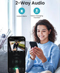 Woman using smartphone with app displaying 2K WiFi Outdoor Security Camera With 360 Degree Pan Tilt 3MP HD Smart Motion Detection features