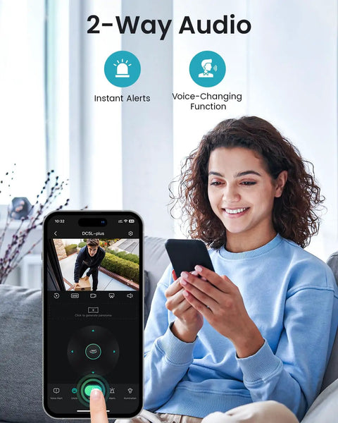 Woman using smartphone with app displaying 2K WiFi Outdoor Security Camera With 360 Degree Pan Tilt 3MP HD Smart Motion Detection features
