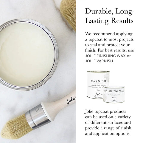 Brush and open wax container next to product recommendation text for durable results, using Jolie finishing wax.