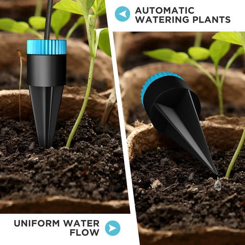 Automatic Drip Irrigation Kit With 10 Drip Emitters And 52 Foot Tubing For Garden Watering shown watering plants.