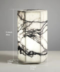 Real Marble Hexagon Table Lamp With Tri Color Dimmable LED, Handcrafted Stone Bedside Lamp showcasing marble patterns and dimensions.