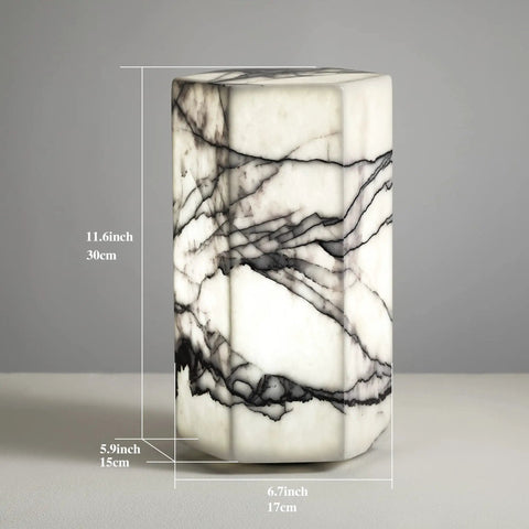 Real Marble Hexagon Table Lamp With Tri Color Dimmable LED, Handcrafted Stone Bedside Lamp showcasing marble patterns and dimensions.