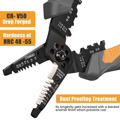 Close-up of Do It All Automatic Self Adjusting Wire Stripper Cutter And Crimper, showing markings and rust-proof handle