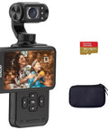 Handheld Gimbal Camcorder With 3-Axis Stabilization, 3.5 Inch Rotating Touch Screen, memory card, and case