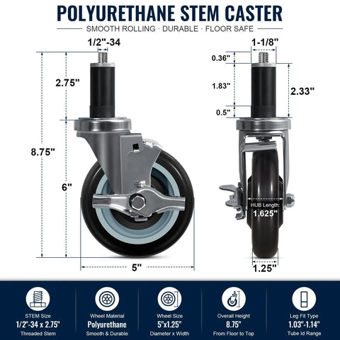 Grit Proof Heavy Duty Expanding Stem Casters Set Of Four For Standard One Inch Tube Legs Quiet Polyurethane Prep Table Wheels dimensions and details.