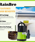 RainBro submersible pump with hose kit and rainwater gutter, oil-free design, PSC motor, all-in-one package