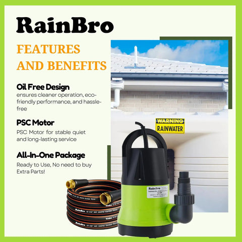 RainBro submersible pump with hose kit and rainwater gutter, oil-free design, PSC motor, all-in-one package