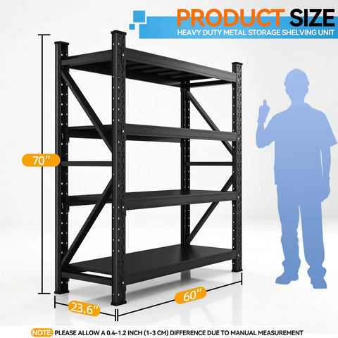 60 Inch Wide Heavy Duty Garage Shelving Rack With 5000 Lb Capacity, Industrial 4 Tier Storage Unit, size dimensions shown