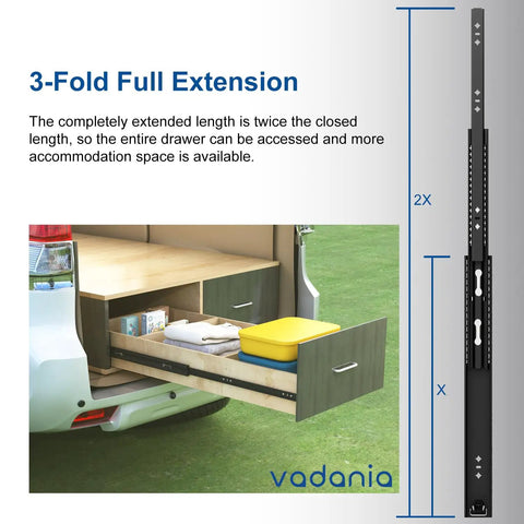 32 Inch Matte Black Heavy Duty Drawer Slides One Pair Rust Resistant Cabinet Glides shown in extended position with storage.