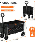 Collapsible Wagon Cart 220lbs Capacity Foldable Beach Wagon Lightweight Portable Utility Cart with wheels, showing folded and unfolded size with dimensions.