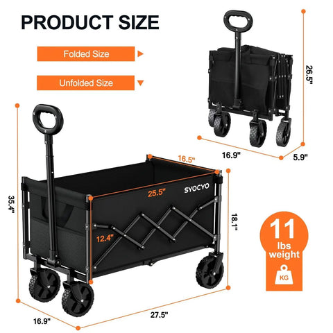 Collapsible Wagon Cart 220lbs Capacity Foldable Beach Wagon Lightweight Portable Utility Cart with wheels, showing folded and unfolded size with dimensions.