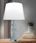 Blue washed white touch control table lamp with USB port and tapered drum shade, Set Of 2 Touch Control Table Lamps, 3 Way Dimmable Bedside Lamps