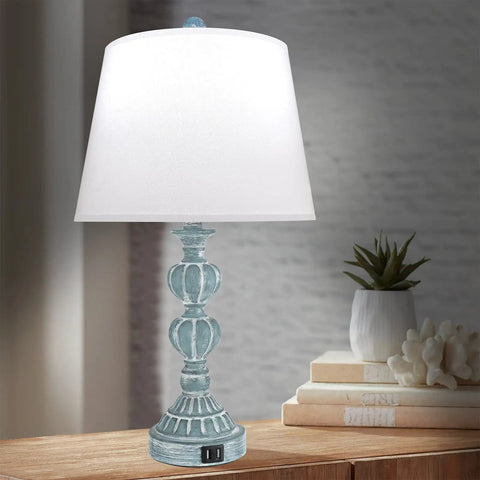 Blue washed white touch control table lamp with USB port and tapered drum shade, Set Of 2 Touch Control Table Lamps, 3 Way Dimmable Bedside Lamps