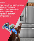 Water Inlet Valve 242252702 For Refrigerators Replacement shown with double-door fridge and valve illustration.