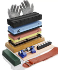 Japanese Whetstone Sharpener Set 400 1000 And 3000 8000 Grit Water Stones With Non Slip Bamboo Base, gloves, guide, and strop visible.