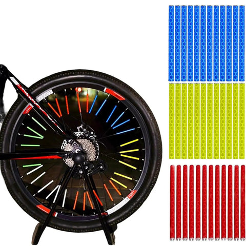 36 Pcs Cycling Reflectors In Red Yellow And Blue For Your Night Rides Spoke Lights On A Bike Wheel With Reflectors Displayed