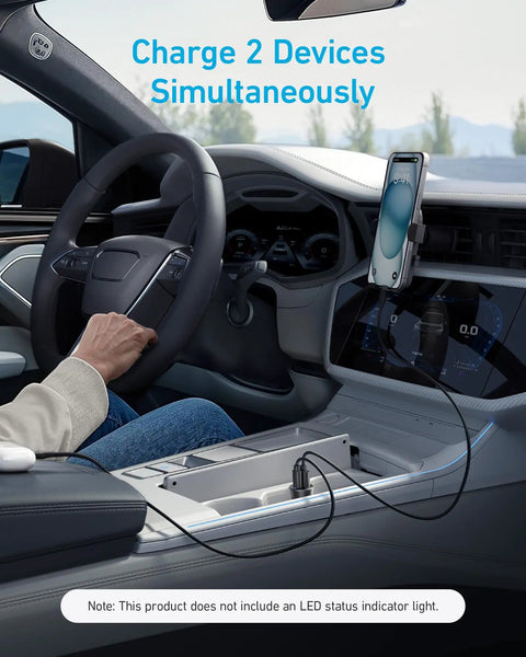 Rapid 30W USB C Car Charger With Dual Ports Type C Power Delivery And PowerIQ 3.0 in car console charging two devices