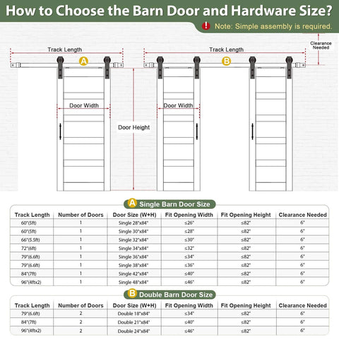 Guide on choosing barn door and hardware size with diagrams and measurements for 32x84 Inch Glass Sliding Barn Door Slab With 5.5ft Hardware Kit Included.