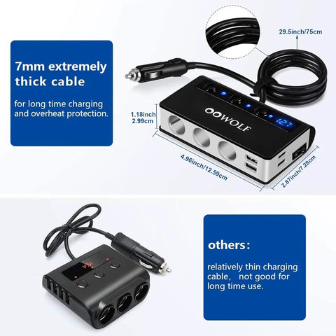 Heavy Duty 7 In 1 Cigarette Lighter Splitter Car Charger Adapter With Quick Charge 3.0 shown with thick cable for long time charging.