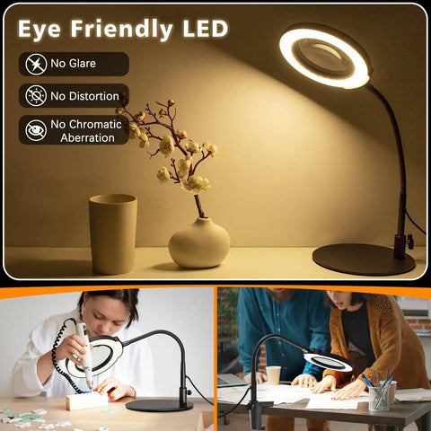 Desk Magnifying Glass With Light And Stand 10X 15X Zoom 4.2 Inch HD Lens on desk with LED lighting, used for crafting and reading